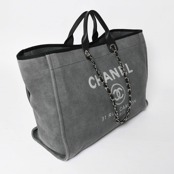 新品同様 CHANEL シャネル Deauville TGM ドーヴィルTGM 2WAYバッグ 16番台 ココマーク キャンバス レザー グレー 中古 4a004385