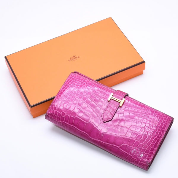 HERMES Hermes Long Wallet Bearn Soufflé ◻Q stamp, Rose Purple, Gold hardware, Rose Scheherazade, Excellent condition, Used, 4a004381