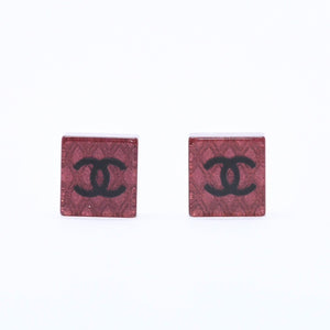 CHANEL Coco Mark Square Earrings Weight Approx. 2.92g 15S Engraved Resin Metal Clear Red For Both Ears Good Condition Used 67058