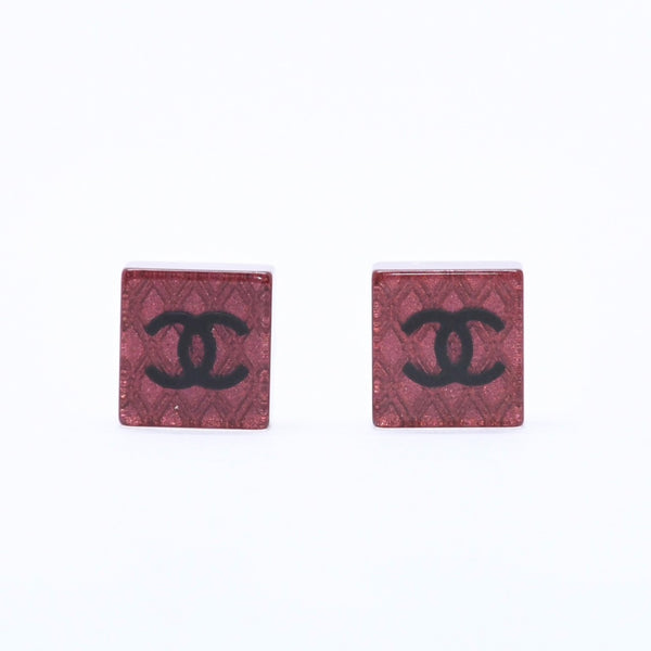 CHANEL Coco Mark Square Earrings Weight Approx. 2.92g 15S Engraved Resin Metal Clear Red For Both Ears Good Condition Used 67058