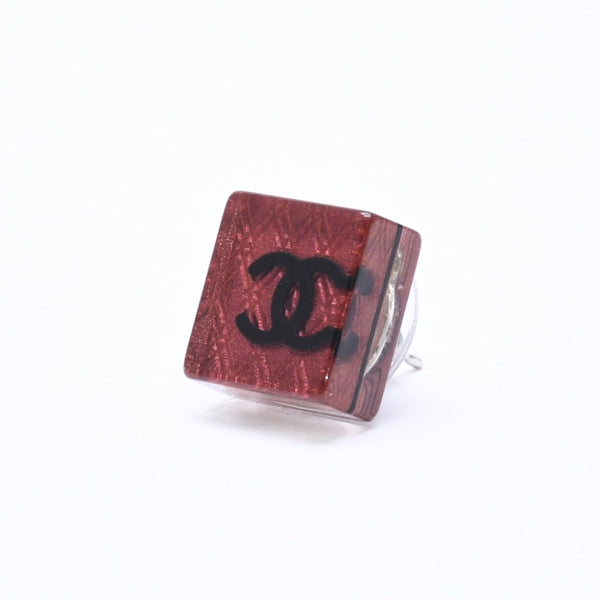 CHANEL Coco Mark Square Earrings Weight Approx. 2.92g 15S Engraved Resin Metal Clear Red For Both Ears Good Condition Used 67058