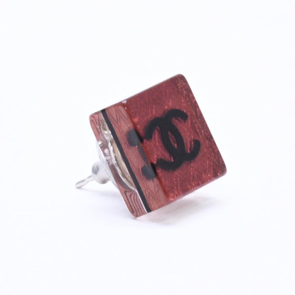 CHANEL Coco Mark Square Earrings Weight Approx. 2.92g 15S Engraved Resin Metal Clear Red For Both Ears Good Condition Used 67058