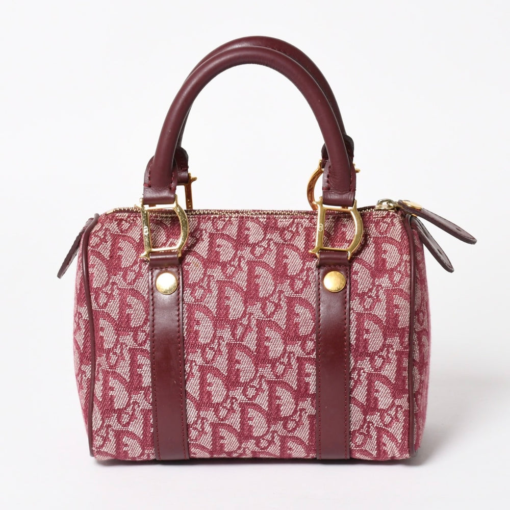 Christian Dior クリスチャンディオール トロッターミニボストンバッグ ジャガードキャンバス レザー ボルドー ゴールド金具 美品 中古 4a004397