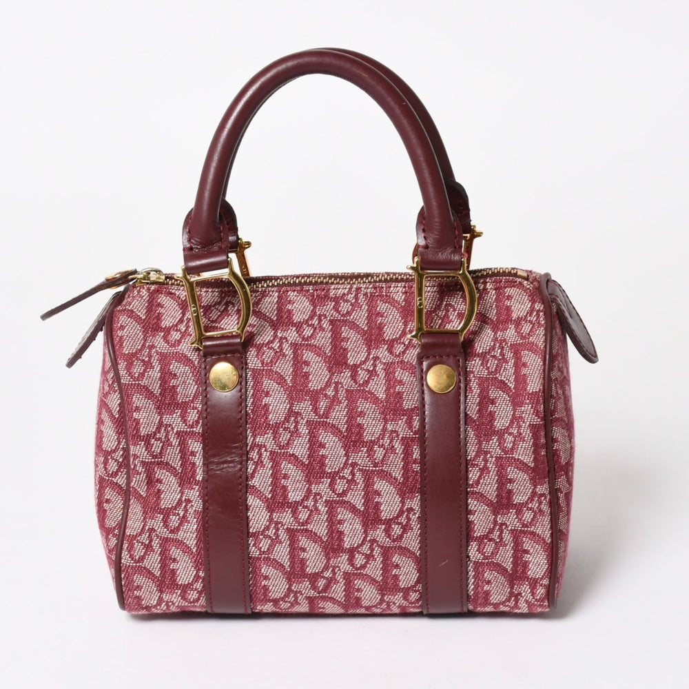 Christian Dior クリスチャンディオール トロッターミニボストンバッグ ジャガードキャンバス レザー ボルドー ゴールド金具 美品 中古 4a004397