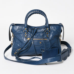 BALENCIAGA バレンシアガ クラシック シティ S ハンドバッグ 431621 ショルダーバッグ ブルー ゴールド金具 B528147 ラムスキン 美品 中古 4a004355