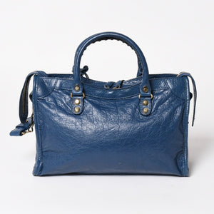 BALENCIAGA バレンシアガ クラシック シティ S ハンドバッグ 431621 ショルダーバッグ ブルー ゴールド金具 B528147 ラムスキン 美品 中古 4a004355