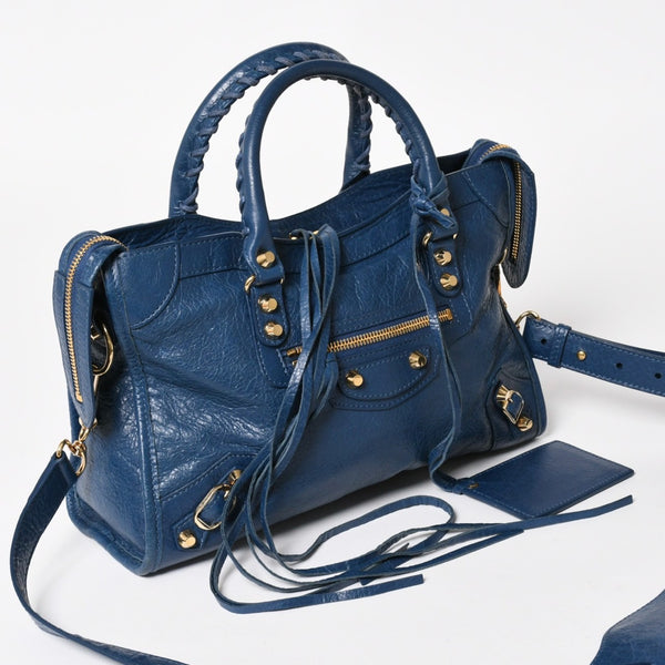 BALENCIAGA バレンシアガ クラシック シティ S ハンドバッグ 431621 ショルダーバッグ ブルー ゴールド金具 B528147 ラムスキン 美品 中古 4a004355