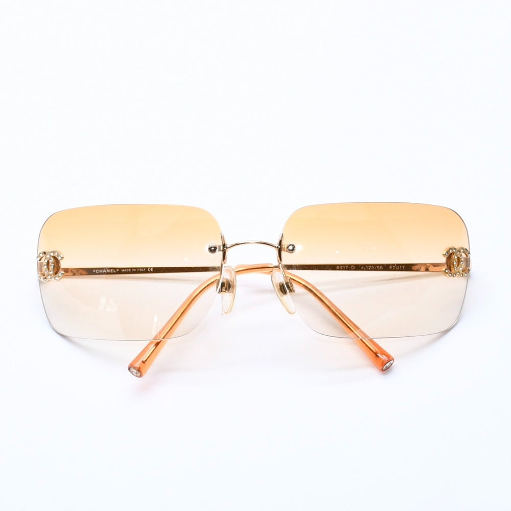 CHANEL シャネル リムレス サングラス アイウェア 4017-D c.125/56 サイズ62□17 120 ココマーク ラインストーン 美品 中古 4a004405