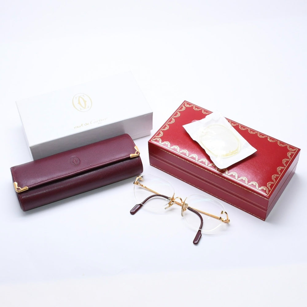 極美品 CARTIER カルティエ ツーポイント リムレス メガネ 1932880 メタル ワインレッド ゴールド金具 中古 4a004258