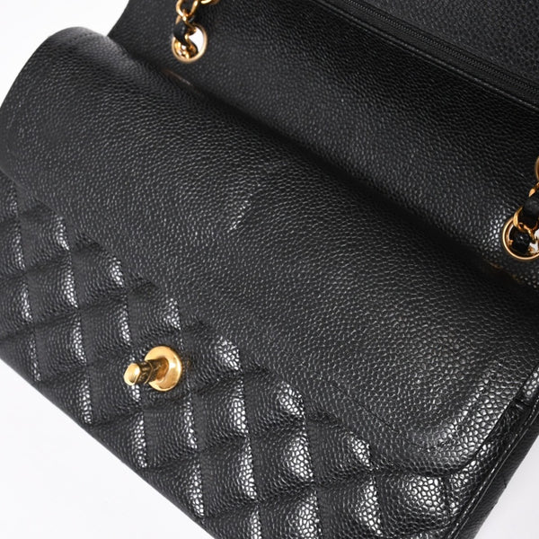 極美品 CHANEL シャネル マトラッセ25 Wフラップ Wチェーンショルダーバッグ キャビアスキン ゴールド金具 ランダム番台 ブラック ココマーク 中古 4a004409
