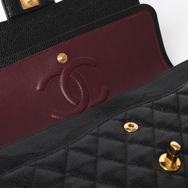 極美品 CHANEL シャネル マトラッセ25 Wフラップ Wチェーンショルダーバッグ キャビアスキン ゴールド金具 ランダム番台 ブラック ココマーク 中古 4a004409