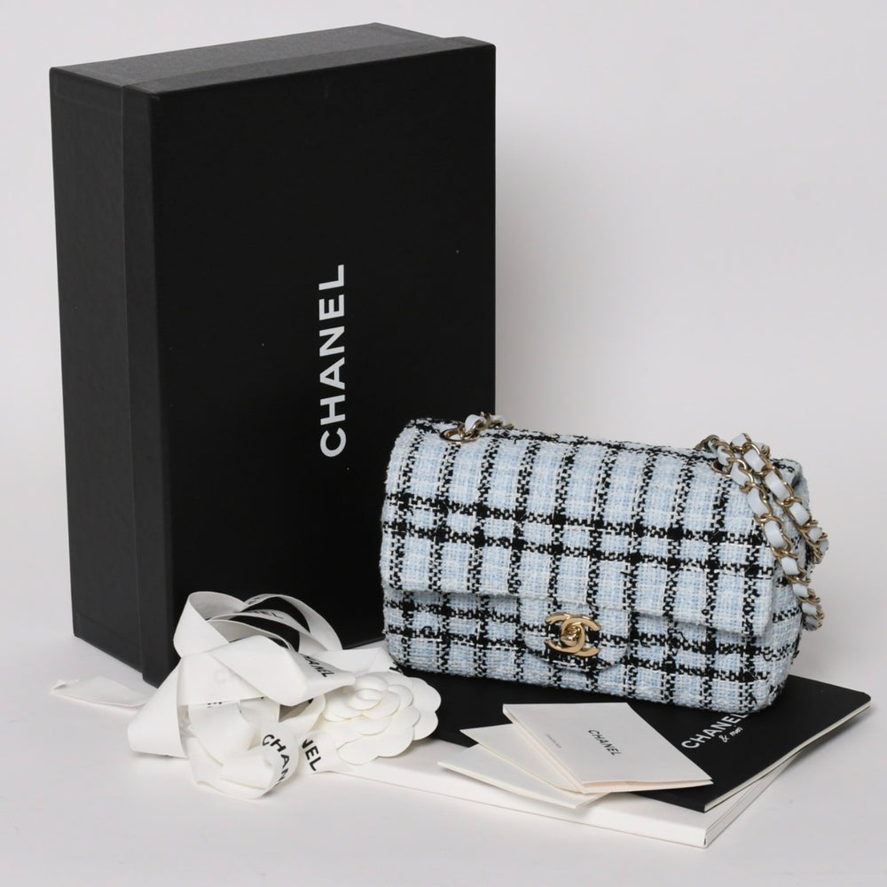 新品未使用 CHANEL シャネル ミニマトラッセ20 Sフラップ Sチェーンショルダーバッグ ココマーク ツイード ブルー系 中古 4a004416