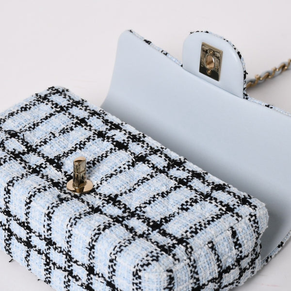 新品未使用 CHANEL シャネル ミニマトラッセ20 Sフラップ Sチェーンショルダーバッグ ココマーク ツイード ブルー系 中古 4a004416
