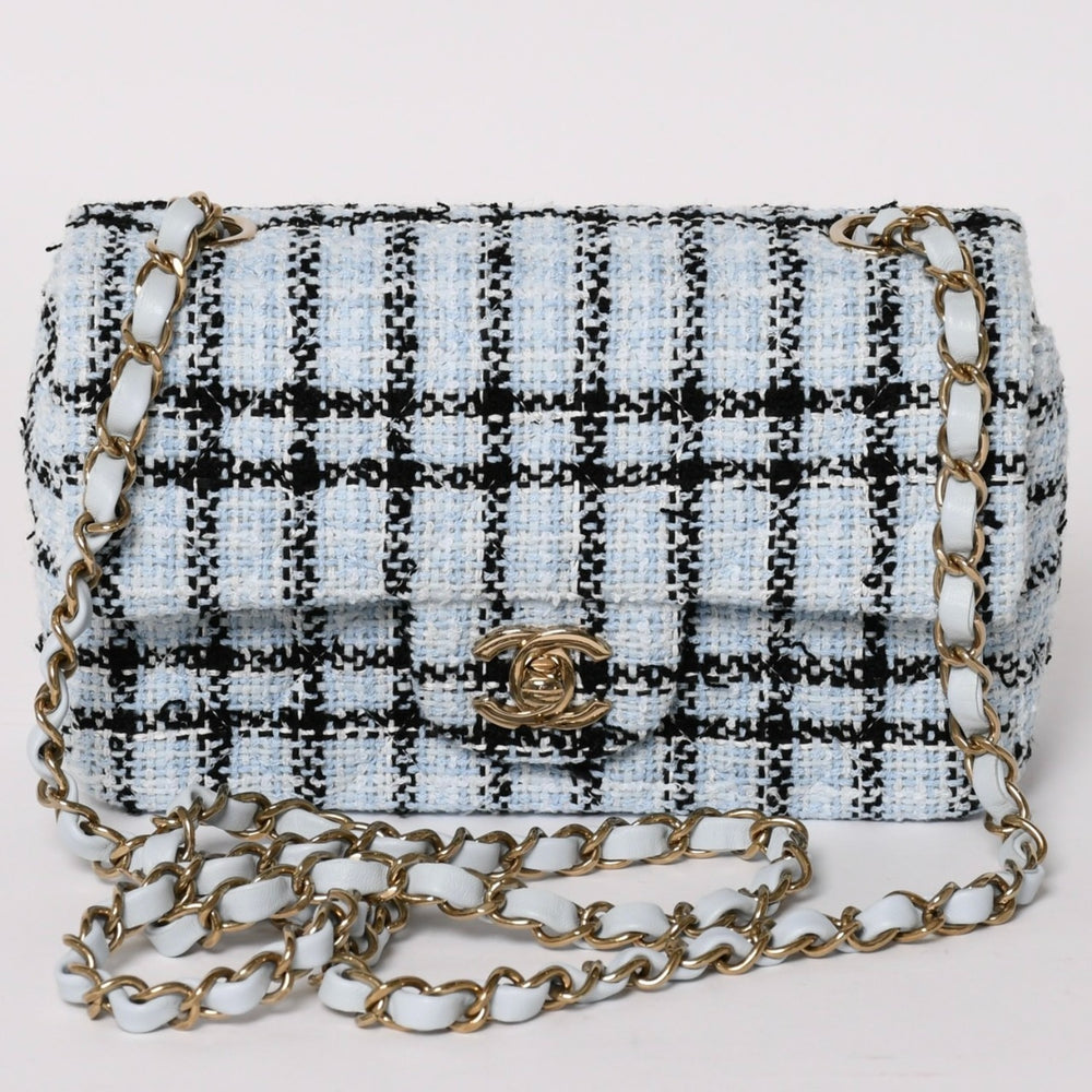 新品未使用 CHANEL シャネル ミニマトラッセ20 Sフラップ Sチェーンショルダーバッグ ココマーク ツイード ブルー系 中古 4a004416