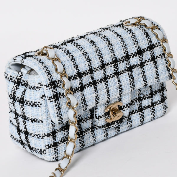 新品未使用 CHANEL シャネル ミニマトラッセ20 Sフラップ Sチェーンショルダーバッグ ココマーク ツイード ブルー系 中古 4a004416