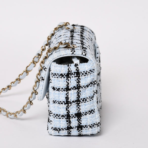新品未使用 CHANEL シャネル ミニマトラッセ20 Sフラップ Sチェーンショルダーバッグ ココマーク ツイード ブルー系 中古 4a004416