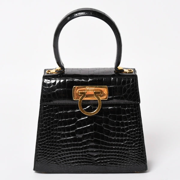 Salvatore Ferragamo Gancini Handbag AK 4790 Leather Black Good Condition Used 4a004399