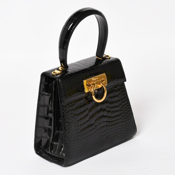 Salvatore Ferragamo Gancini Handbag AK 4790 Leather Black Good Condition Used 4a004399