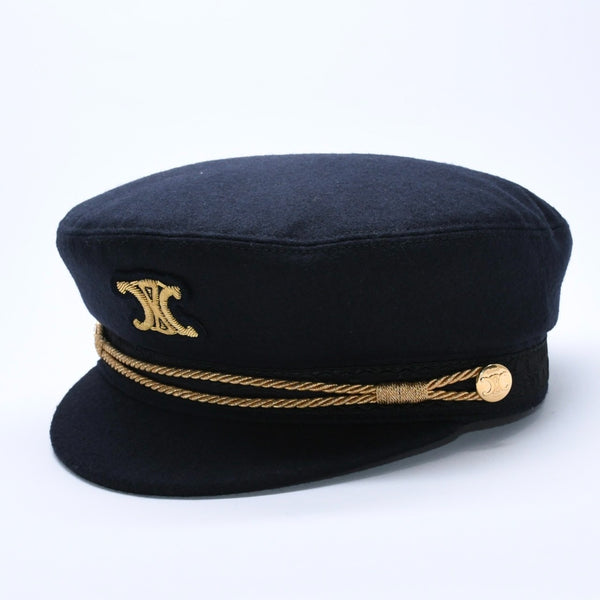 CELINE Triomphe Sailor Cap 2AUS1327V Casquette Marine Cap Navy Gold Size 58 Gold Code Good Condition Used 4a004285