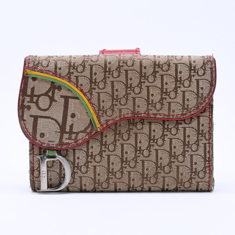 Christian Dior クリスチャンディオール トロッター ラスタカラー サドルウォレット ガリアーノ期 キャンバス D金具 ベージュ 良品 中古 4a004432