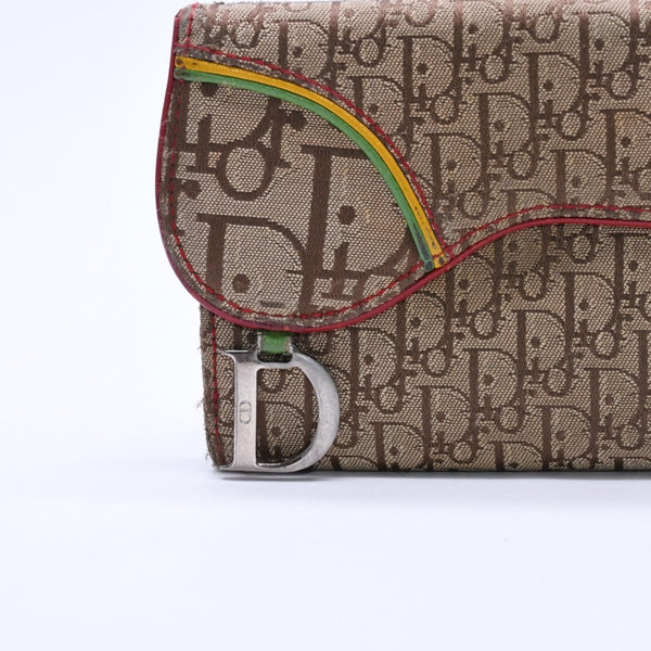Christian Dior クリスチャンディオール トロッター ラスタカラー サドルウォレット ガリアーノ期 キャンバス D金具 ベージュ 良品 中古 4a004432