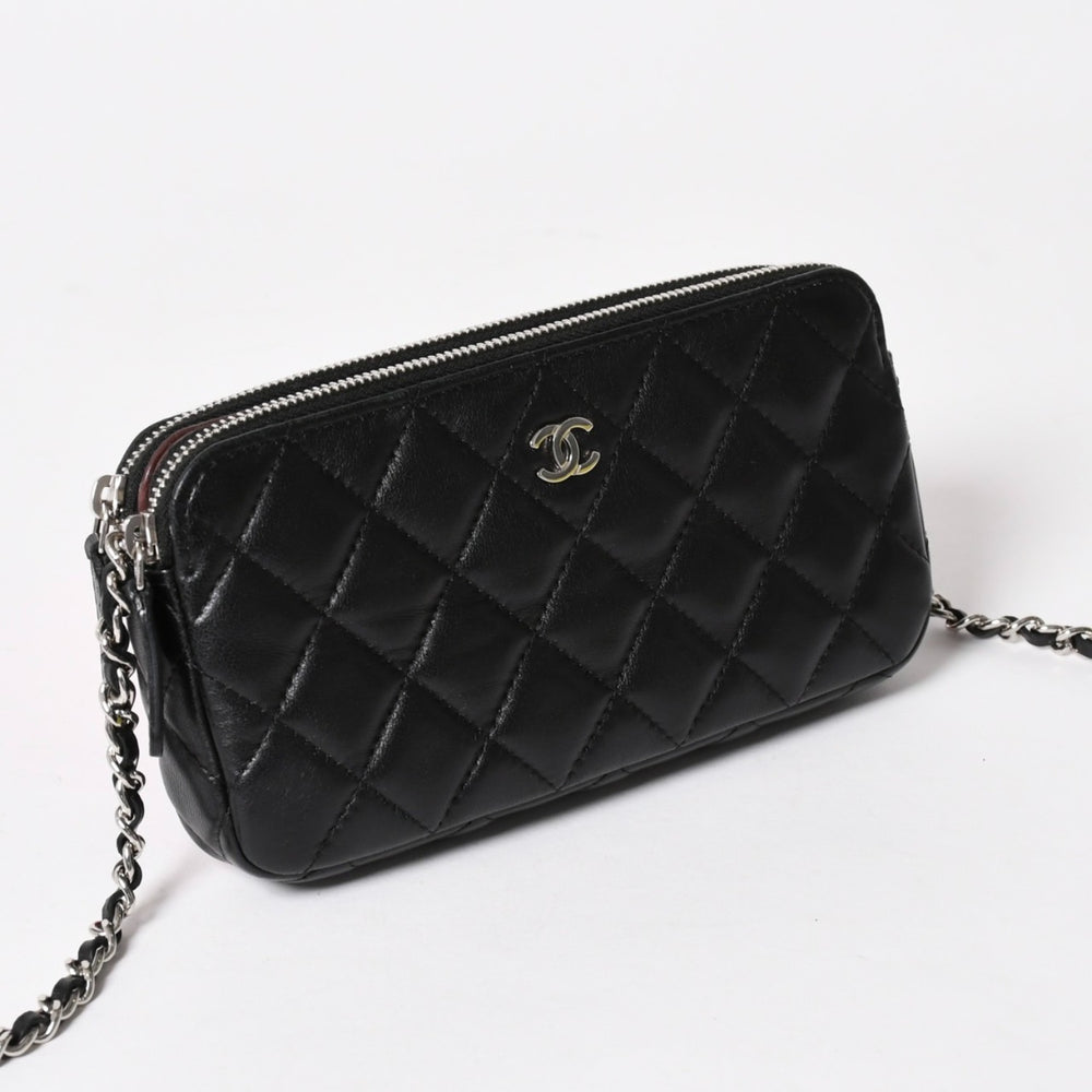 CHANEL シャネル チェーンショルダーウォレット 財布 28番台 ココマーク ラムスキン ブラック シルバー金具 美品 中古 4a004879