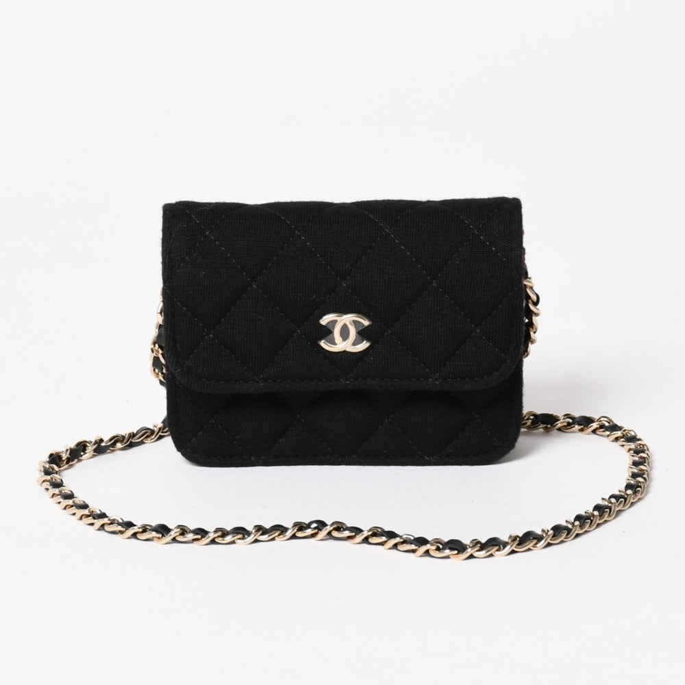 新品未使用品 CHANEL シャネル ミニマトラッセ チェーンショルダーバッグ ココマーク ランダム番台 ブラック ゴールド金具 コットン 中古 4a005042