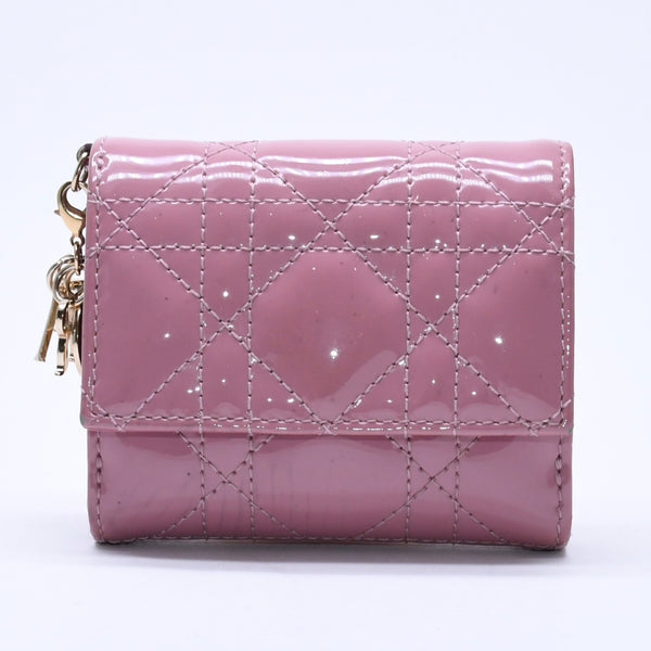 Christian Dior Lady Dior Lotus Wallet S0181OVRB Patent Calfskin Cannage Pink Trifold Wallet Good Used 4a004433
