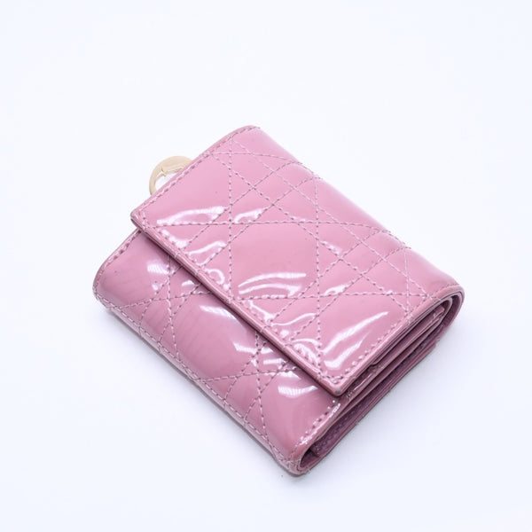 Christian Dior Lady Dior Lotus Wallet S0181OVRB Patent Calfskin Cannage Pink Trifold Wallet Good Used 4a004433