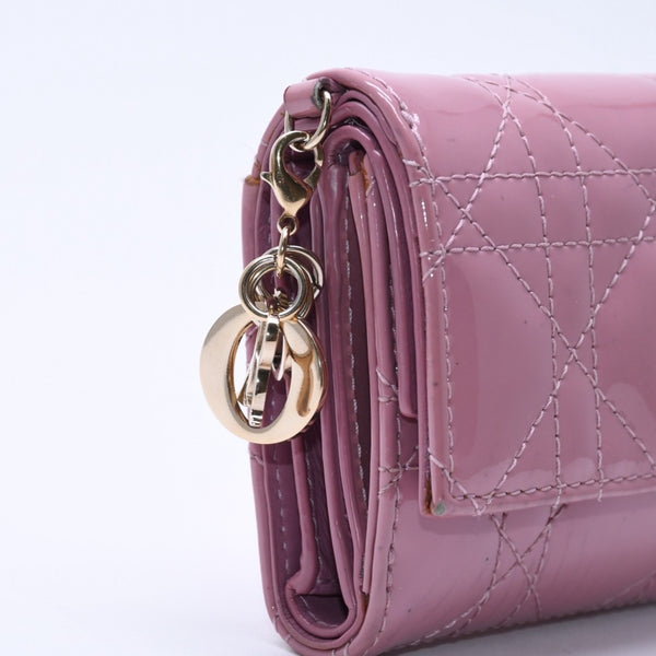 Christian Dior Lady Dior Lotus Wallet S0181OVRB Patent Calfskin Cannage Pink Trifold Wallet Good Used 4a004433