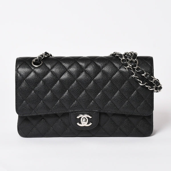 新品同様 CHANEL シャネル マトラッセ25 ダブルチェーンショルダー ダブルフラップ 14番台 ココマーク キャビアスキン ブラック シルバー金具 中古 4a004468