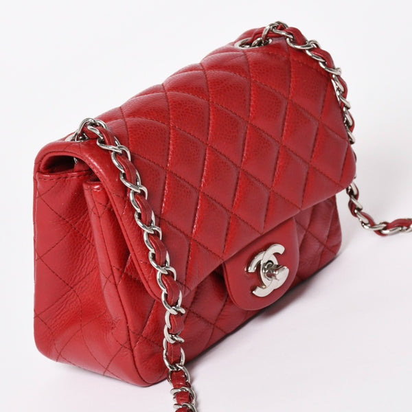 Very Good Condition CHANEL Mini Matelasse 16 Chain Shoulder Bag No. 16 Caviar Skin Red Silver Hardware Used 4a004588