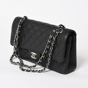 新品同様 CHANEL シャネル マトラッセ25 ダブルチェーンショルダー ダブルフラップ 14番台 ココマーク キャビアスキン ブラック シルバー金具 中古 4a004468