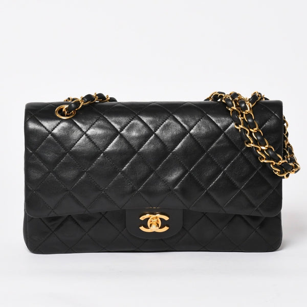 CHANEL シャネル マトラッセ25 Wフラップ Wチェーンショルダーバッグ 4番台 ラムスキン ココマーク ブラック ゴールド金具 美品 中古 4a004239