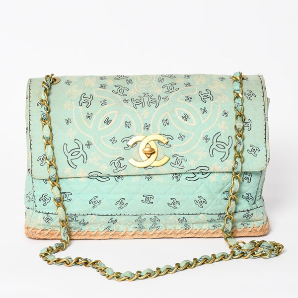 CHANEL シャネル デカマトラッセ33 Sフラップ Sチェーンショルダーバッグ ココマーク ペイズリー ライトブルー ゴールド金具 良品 中古 4a004589