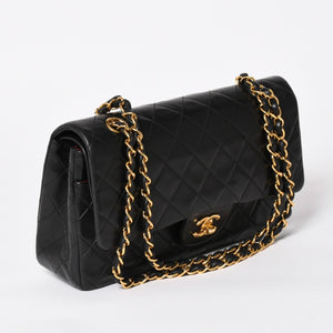 CHANEL シャネル マトラッセ25 Wフラップ Wチェーンショルダーバッグ 4番台 ラムスキン ココマーク ブラック ゴールド金具 美品 中古 4a004239