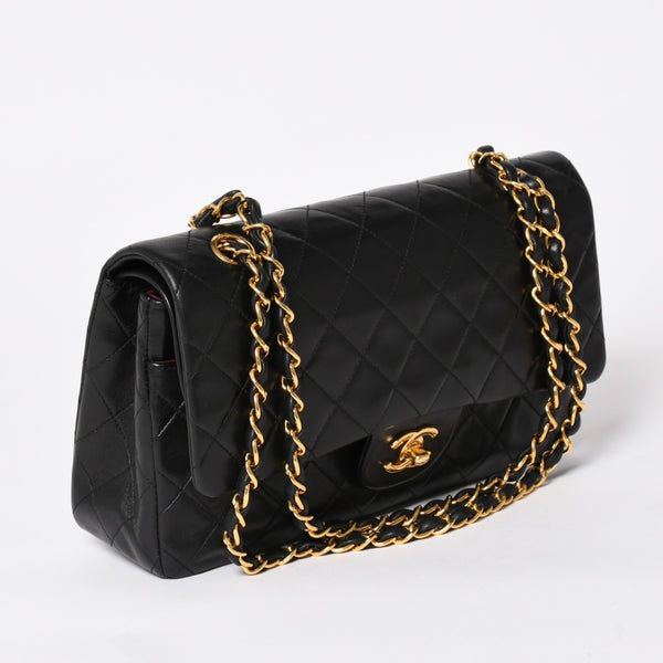 CHANEL シャネル マトラッセ25 Wフラップ Wチェーンショルダーバッグ 4番台 ラムスキン ココマーク ブラック ゴールド金具 美品 中古 4a004239