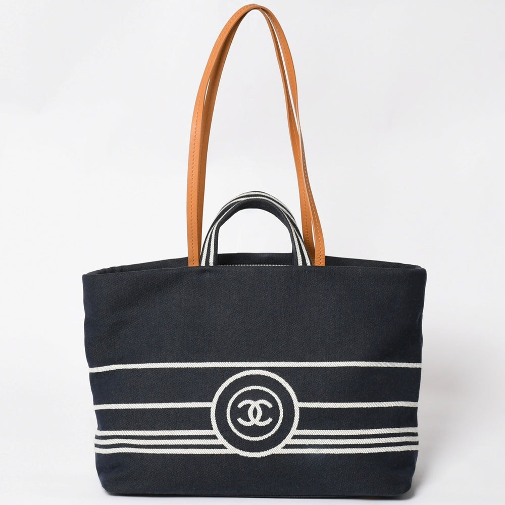CHANEL シャネル 2WAYトートバッグ A92241 ココマーク デニム レザー ネイビー ブラウン シルバー金具 美品 中古 4a004602