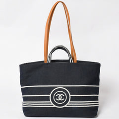 CHANEL シャネル 2WAYトートバッグ A92241 ココマーク デニム レザー ネイビー ブラウン シルバー金具 美品 中古 4a004602