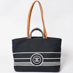 CHANEL シャネル 2WAYトートバッグ A92241 ココマーク デニム レザー ネイビー ブラウン シルバー金具 美品 中古 4a004602