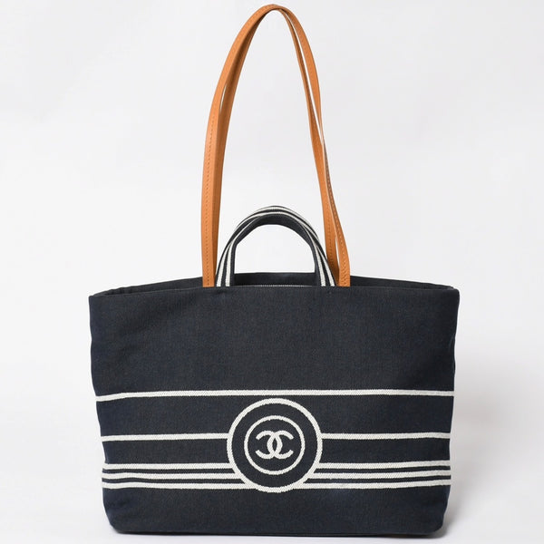 CHANEL シャネル 2WAYトートバッグ A92241 ココマーク デニム レザー ネイビー ブラウン シルバー金具 美品 中古 4a004602
