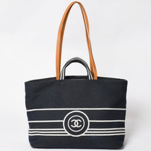 画像をギャラリービューアに読み込む, CHANEL シャネル 2WAYトートバッグ A92241 ココマーク デニム レザー ネイビー ブラウン シルバー金具 美品 中古 4a004602