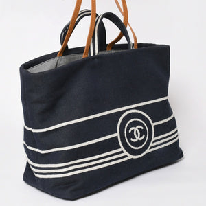 CHANEL シャネル 2WAYトートバッグ A92241 ココマーク デニム レザー ネイビー ブラウン シルバー金具 美品 中古 4a004602