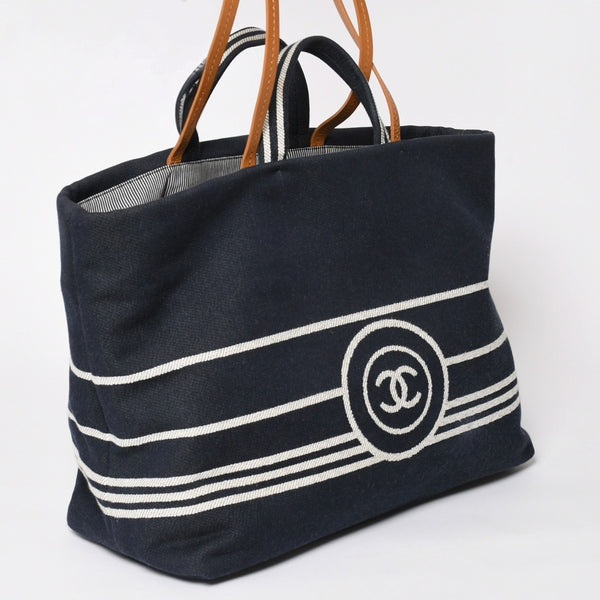 CHANEL シャネル 2WAYトートバッグ A92241 ココマーク デニム レザー ネイビー ブラウン シルバー金具 美品 中古 4a004602
