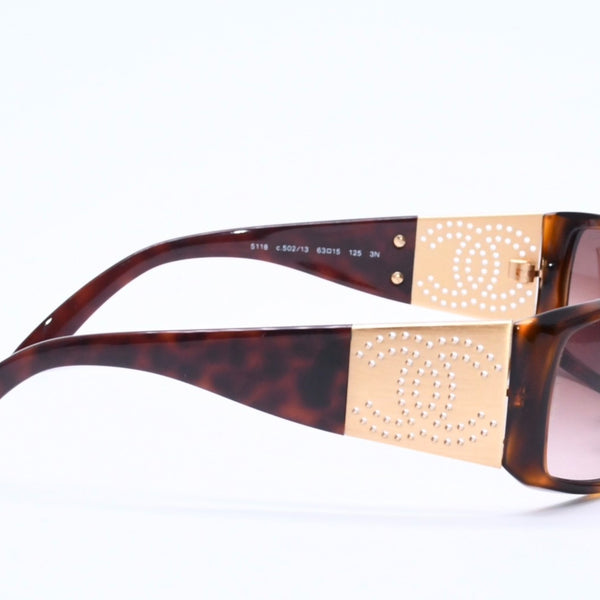 Mint condition CHANEL sunglasses, Coco Mark design, perforated, brown and gold, size 63◻︎15 125 5118 Used 4a004487