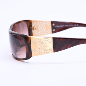 Mint condition CHANEL sunglasses, Coco Mark design, perforated, brown and gold, size 63◻︎15 125 5118 Used 4a004487