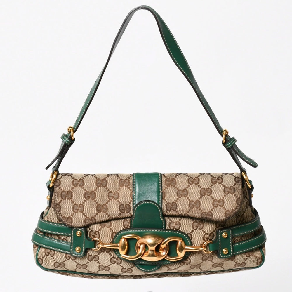 極美品 GUCCI グッチ ショルダーバッグ GGキャンバス ホースビットチェーン ゴールド金具 レザー グリーン 159402 中古 4a004504