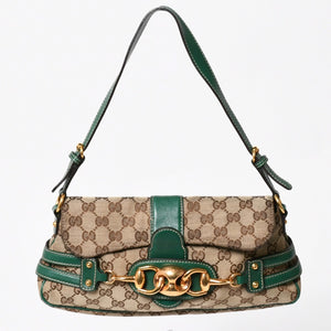 極美品 GUCCI グッチ ショルダーバッグ GGキャンバス ホースビットチェーン ゴールド金具 レザー グリーン 159402 中古 4a004504