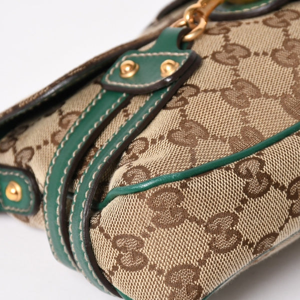 極美品 GUCCI グッチ ショルダーバッグ GGキャンバス ホースビットチェーン ゴールド金具 レザー グリーン 159402 中古 4a004504