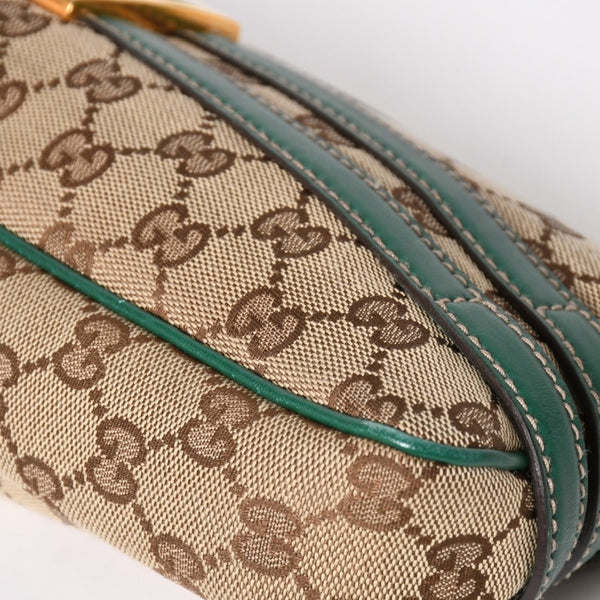 極美品 GUCCI グッチ ショルダーバッグ GGキャンバス ホースビットチェーン ゴールド金具 レザー グリーン 159402 中古 4a004504